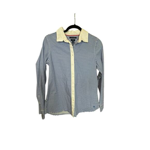 Tommy Hilfiger Stretch Blue‎ And White Blouse M Collar Long Sleeves Button Down - Picture 1 of 8
